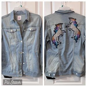 LuLaRoe Light Blue Jean Jacket with Unicorn Design